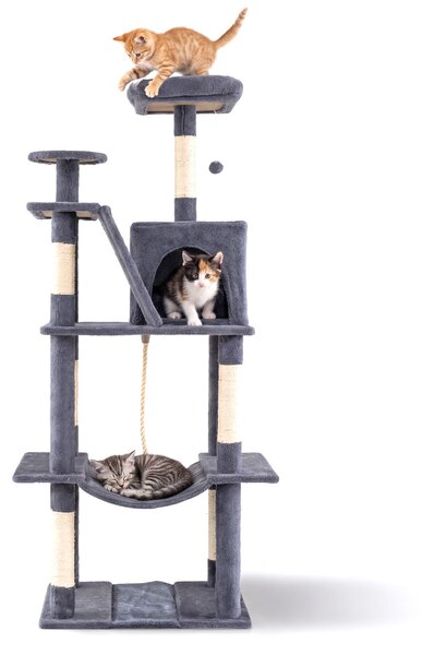 Costway Torre per gatti interno alta 158cm con tiragraffi in sisal e trespolo di peluche, Struttura grande per gattini con grotta amaca e giochi pendenti Grigio scuro