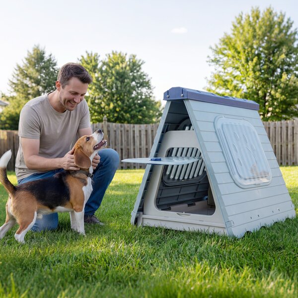 Costway Cuccia pieghevole in plastica per cani con porta bloccabile e finestre ventilate, Gabbia portatile impermeabile per cani piccoli e medi Blu