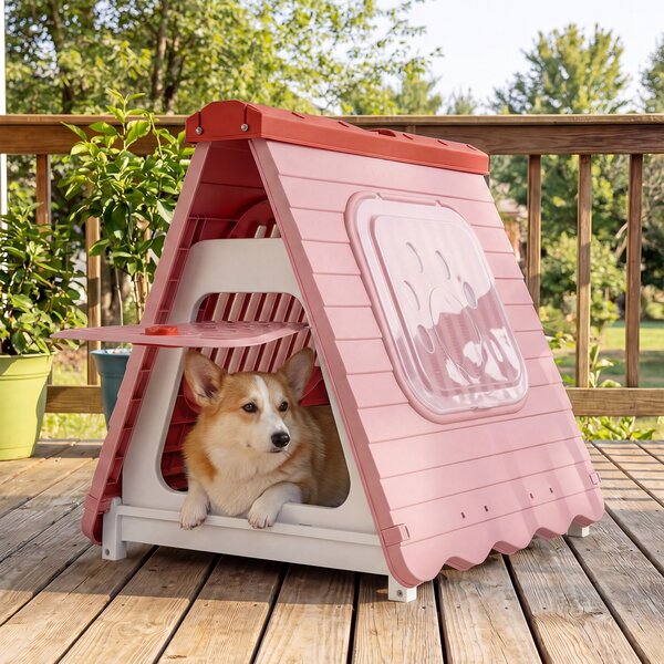 Costway Cuccia pieghevole in plastica per cani con porta bloccabile e finestre ventilate, Gabbia portatile impermeabile per cani piccoli e medi Rosa