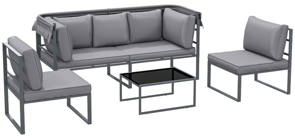 Outsunny Set mobili da esterno, divano 3 posti con baldacchino, 2 sedie, tavolino con piano in vetro, 12 cuscini, struttura in acciaio, grigio | Aosom Italy