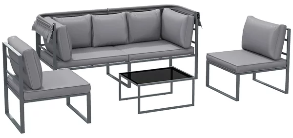 Outsunny Set mobili da esterno, divano 3 posti con baldacchino, 2 sedie, tavolino con piano in vetro, 12 cuscini, struttura in acciaio, grigio | Aosom Italy