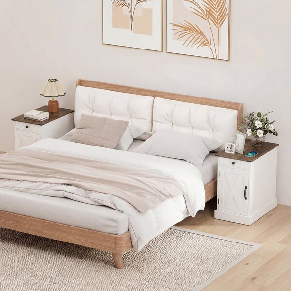 Costway Set di 2 comodini camera letto stretto ricarica coperchio ribalta cassetto, Comodino tavolino piccolo vassoio rimovibile armadio Bianco