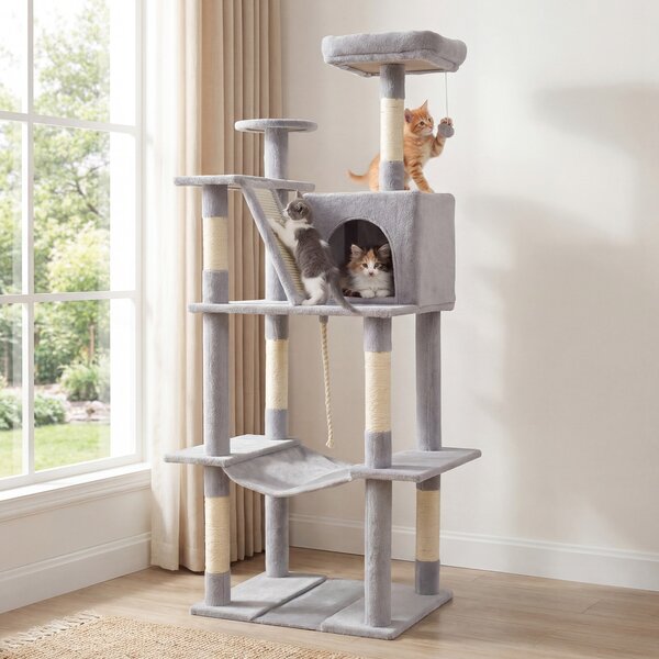 Costway Torre per gatti interno alta 158cm con tiragraffi in sisal e trespolo di peluche, Struttura grande per gattini con grotta amaca e giochi pendenti Grigio chiaro