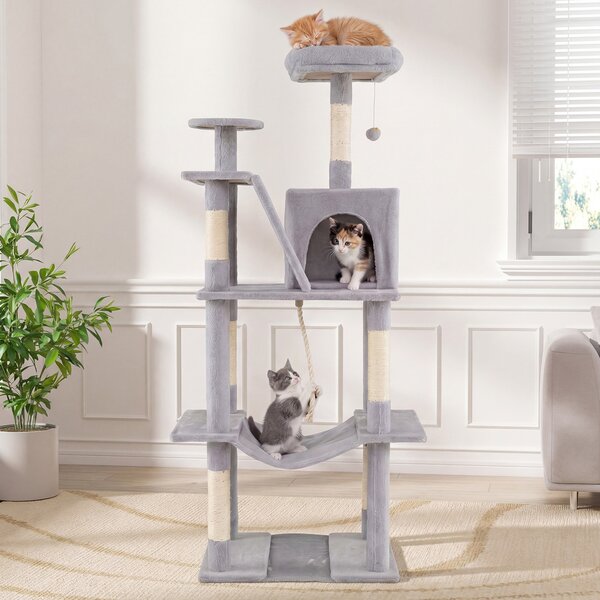 Costway Torre per gatti interno alta 158cm con tiragraffi in sisal e trespolo di peluche, Struttura grande per gattini con grotta amaca e giochi pendenti Grigio chiaro