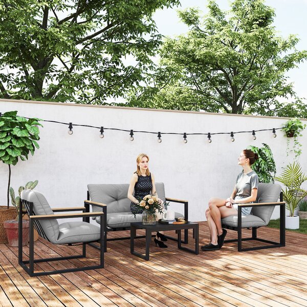 Outsunny Set mobili da giardino 4 persone resistente alle intemperie Set balcone con divano 2 posti, poltrone, cuscini Hellgrau | Aosom Italy