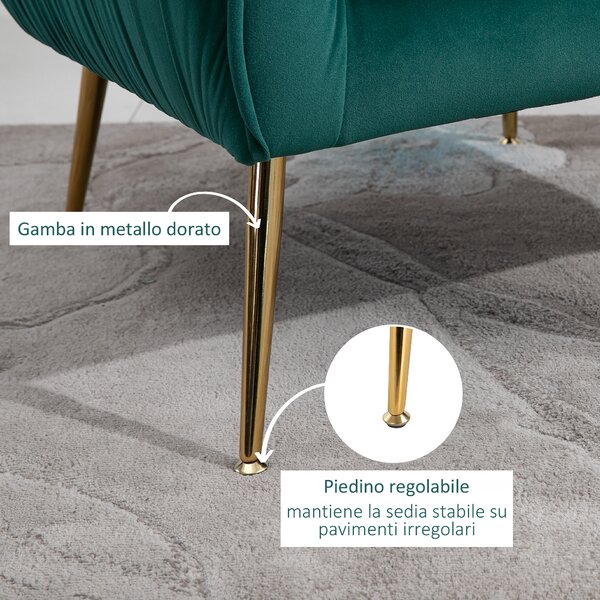 HOMCOM Poltrona da Salotto Imbottita con Braccioli e Schienale Design Moderno e Gambe in Metallo Stile Contemporaneo Colore Verde|Aosom