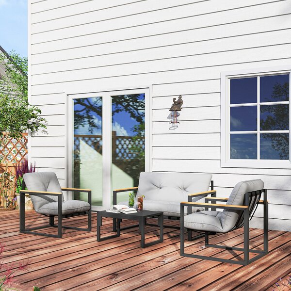 Outsunny Set mobili da giardino 4 persone resistente alle intemperie Set balcone con divano 2 posti, poltrone, cuscini Hellgrau | Aosom Italy