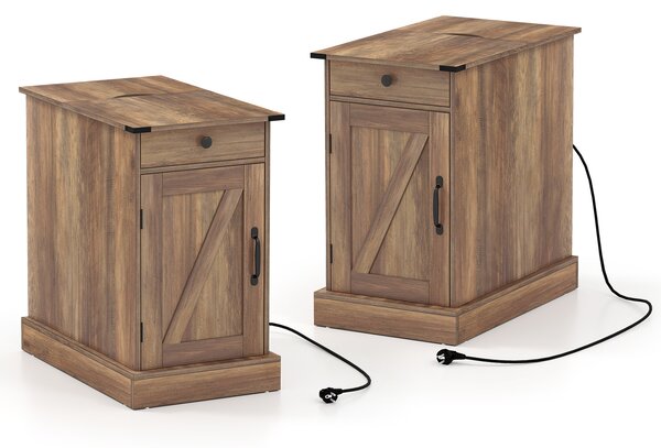 Costway Set di 2 comodini camera letto stretto ricarica coperchio ribalta cassetto, Comodino tavolino piccolo vassoio rimovibile armadio Marrone