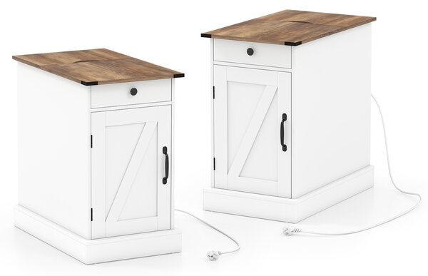 Costway Set di 2 comodini camera letto stretto ricarica coperchio ribalta cassetto, Comodino tavolino piccolo vassoio rimovibile armadio Bianco