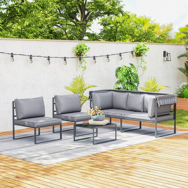 Outsunny Set mobili da esterno, divano 3 posti con baldacchino, 2 sedie, tavolino con piano in vetro, 12 cuscini, struttura in acciaio, grigio | Aosom Italy