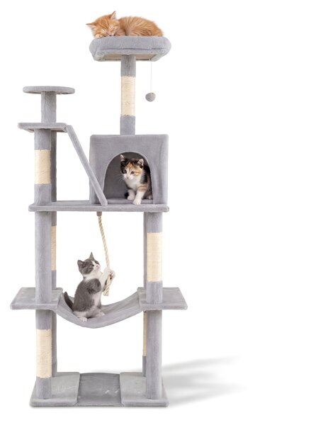 Costway Torre per gatti interno alta 158cm con tiragraffi in sisal e trespolo di peluche, Struttura grande per gattini con grotta amaca e giochi pendenti Grigio chiaro
