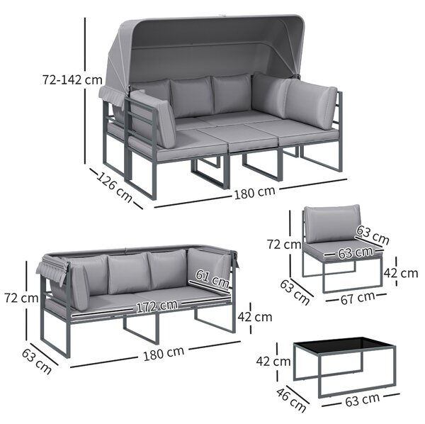 Outsunny Set mobili da esterno, divano 3 posti con baldacchino, 2 sedie, tavolino con piano in vetro, 12 cuscini, struttura in acciaio, grigio | Aosom Italy