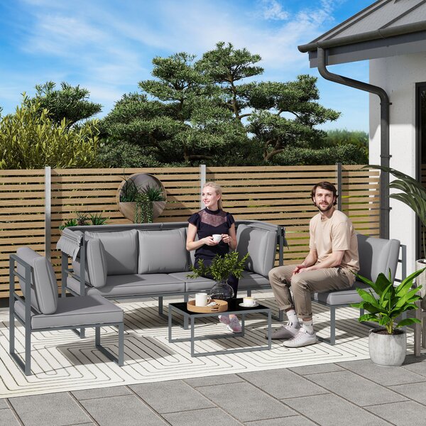 Outsunny Set mobili da esterno, divano 3 posti con baldacchino, 2 sedie, tavolino con piano in vetro, 12 cuscini, struttura in acciaio, grigio | Aosom Italy