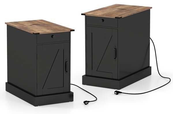 Costway Set di 2 comodini camera letto stretto ricarica coperchio ribalta cassetto, Comodino tavolino piccolo vassoio rimovibile armadio Nero