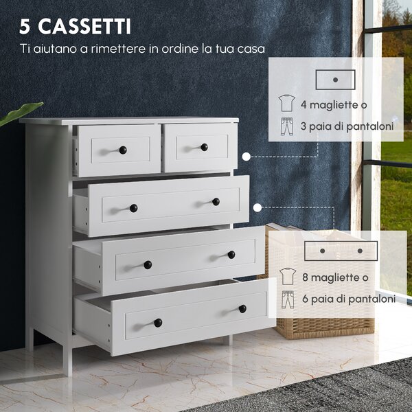 HOMCOM Cassettiera con 5 Cassetti in Legno Salvaspazio e Antiribaltamento, 74x40x91cm, Bianco