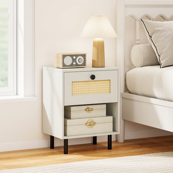 Costway Comodino camera da letto in stile boho con cassetto e scomparto aperto, Mobiletto classico con gambe in metallo e antiribaltamento 40x30x52 cm 1 pezzo