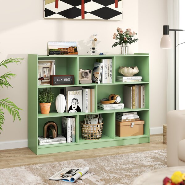Costway Libreria a 3 livelli in legno con 8 scomparti portaoggetti, Mobiletto moderno per libri e giocattoli 122x32x93 cm Verde