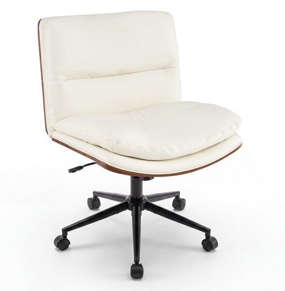 Costway Sedia ufficio girevole in simipelle senza braccioli altezza regolabile, Poltrona scrivania imbottita ergonimica lavoro studio relax Bianco