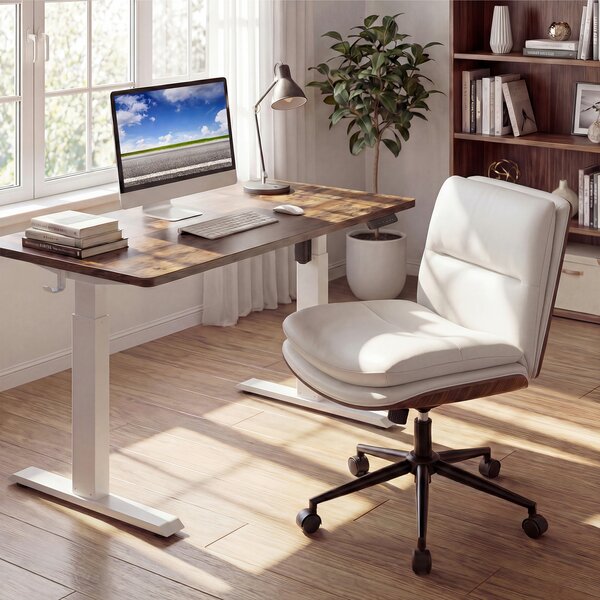 Costway Sedia ufficio girevole in simipelle senza braccioli altezza regolabile, Poltrona scrivania imbottita ergonimica lavoro studio relax Bianco
