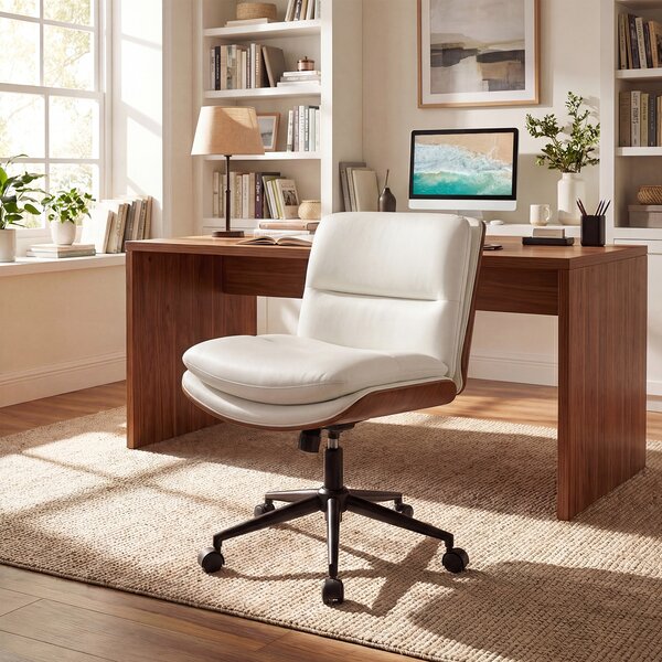 Costway Sedia ufficio girevole in simipelle senza braccioli altezza regolabile, Poltrona scrivania imbottita ergonimica lavoro studio relax Bianco