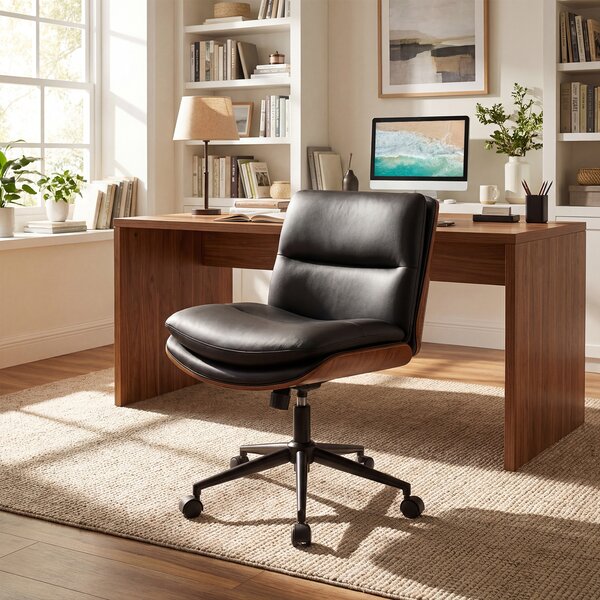 Costway Sedia ufficio girevole in simipelle senza braccioli altezza regolabile, Poltrona scrivania imbottita ergonimica lavoro studio relax Nero