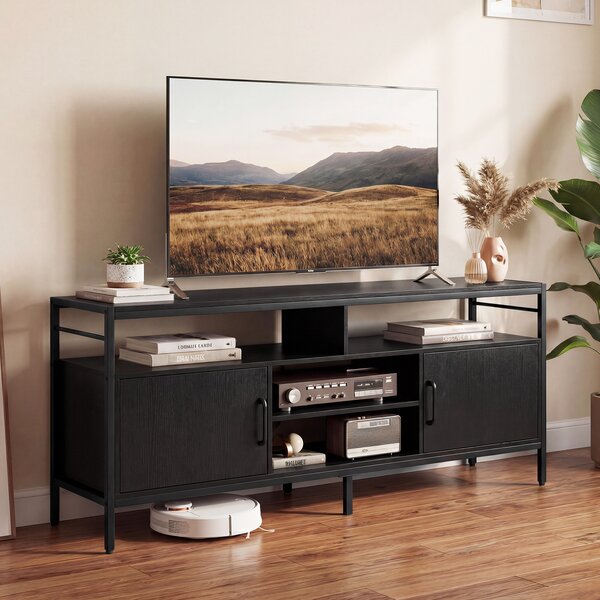 Costway Supporto tv per schermi fino a 65" con 2 armadietti e 4 ripiani aperti, Mobile tv in legno con gambe in metallo per soggiorno Nero