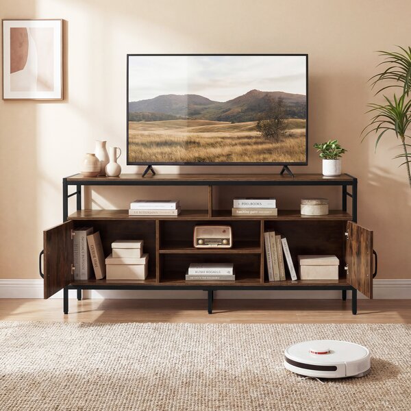 Costway Supporto tv per schermi fino a 65" con 2 armadietti e 4 ripiani aperti, Mobile tv in legno con gambe in metallo per soggiorno Marrone