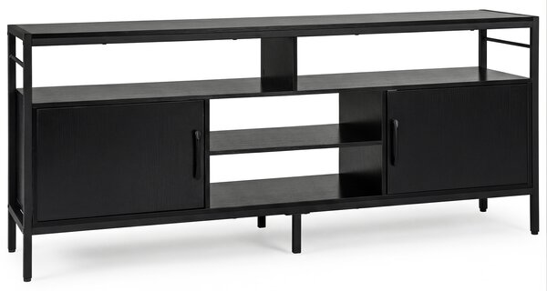 Costway Supporto tv per schermi fino a 65" con 2 armadietti e 4 ripiani aperti, Mobile tv in legno con gambe in metallo per soggiorno Nero