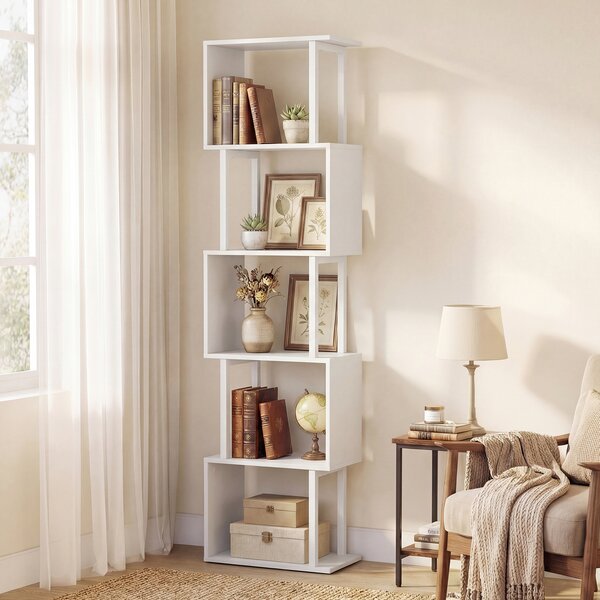 Costway Libreria a 5 livelli in legno con struttura in metallo e 5 scomparti geometrici, Mobile portaoggetti salvaspazio per camera soggiorno ufficio Bianco