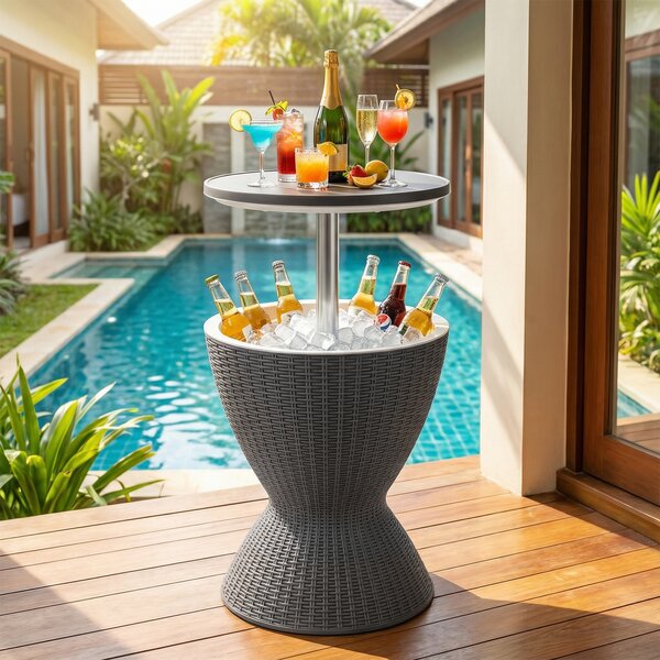 Costway Secchiello del ghiaccio 30L a imitazione rattan, Tavolo bar resistente alle intemperie con superficie Grigio
