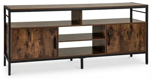 Costway Supporto tv per schermi fino a 65" con 2 armadietti e 4 ripiani aperti, Mobile tv in legno con gambe in metallo per soggiorno Marrone