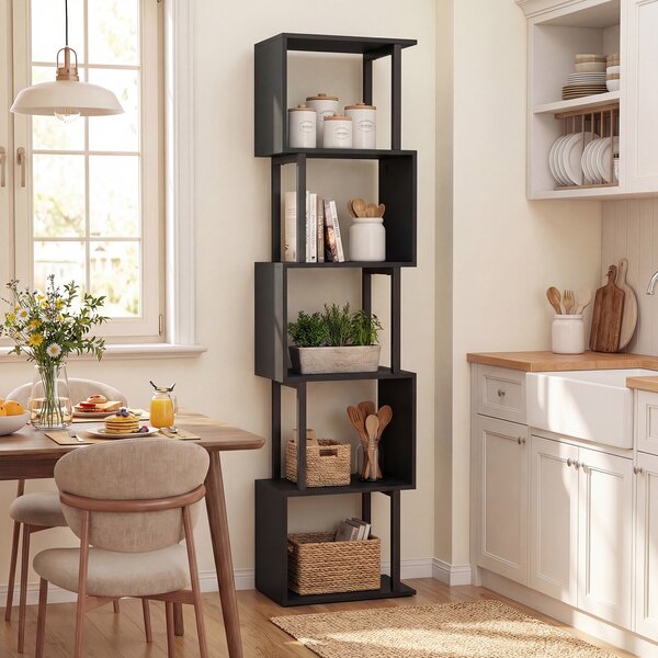 Costway Libreria a 5 livelli in legno con struttura in metallo e 5 scomparti geometrici, Mobile portaoggetti salvaspazio per camera soggiorno ufficio Nero