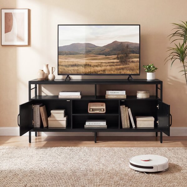 Costway Supporto tv per schermi fino a 65" con 2 armadietti e 4 ripiani aperti, Mobile tv in legno con gambe in metallo per soggiorno Nero