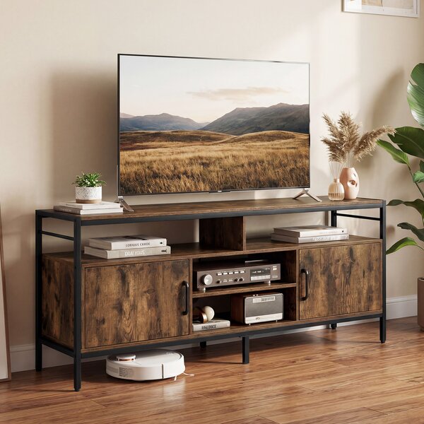 Costway Supporto tv per schermi fino a 65" con 2 armadietti e 4 ripiani aperti, Mobile tv in legno con gambe in metallo per soggiorno Marrone