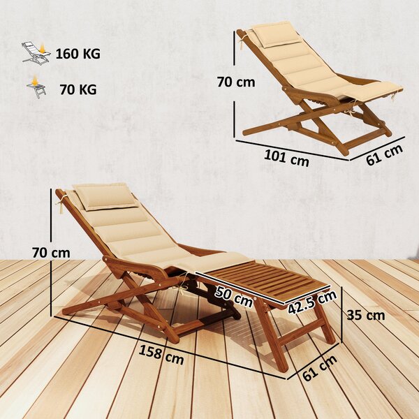 Outsunny Lettino Sedia Pieghevole in Legno con Poggiapiedi Smontabile e Cuscino con Poggiatesta Portata 160 kg 158x61x70 cm Beige | Aosom Italy