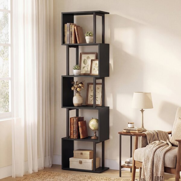 Costway Libreria a 5 livelli in legno con struttura in metallo e 5 scomparti geometrici, Mobile portaoggetti salvaspazio per camera soggiorno ufficio Nero