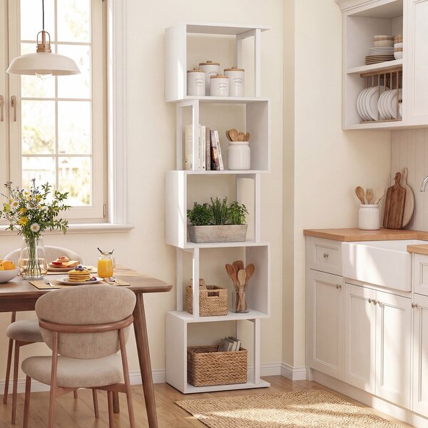 Costway Libreria a 5 livelli in legno con struttura in metallo e 5 scomparti geometrici, Mobile portaoggetti salvaspazio per camera soggiorno ufficio Bianco