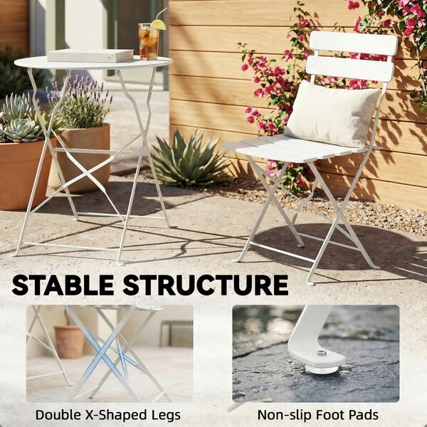 Outsunny Set bistrot da giardino 3 pezzi pieghevole - tavolo bistrot con 2 sedie a doghe, gambe a X doppie, bianco crema | Aosom Italy