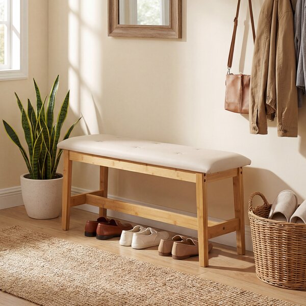 Costway Panca in bambù a 2 posti con seduta imbottita 100 x 30 x 50 cm, Panchina da interno per ingresso corridoio Naturale