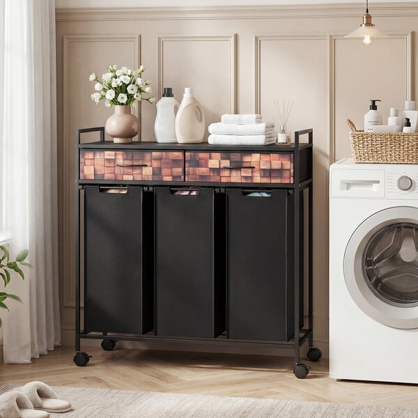 Costway Carrello per lavanderia a 3 sezioni da 135l con 2 cassetti in tessuto, Cesta portabiancheria in tessuto oxford per bagno soggiorno Nero