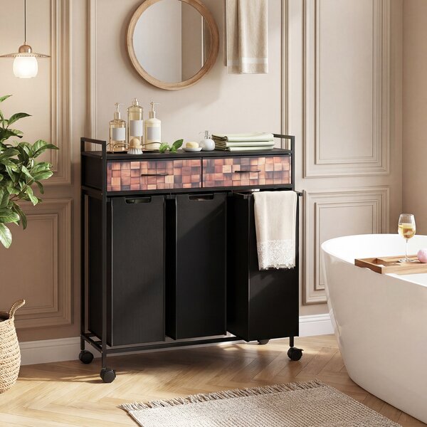 Costway Carrello per lavanderia a 3 sezioni da 135l con 2 cassetti in tessuto, Cesta portabiancheria in tessuto oxford per bagno soggiorno Nero