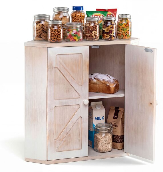 Costway Scatola porta pane angolare per bancone cucina in bamboo a doppio strato, Organizzatore per pane con ripiano regolabile Bianco
