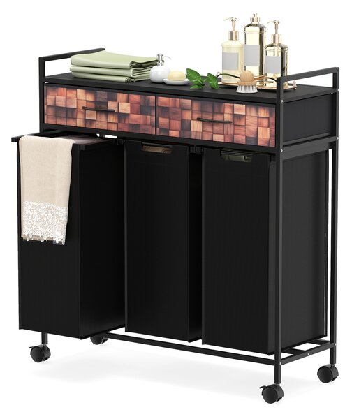 Costway Carrello per lavanderia a 3 sezioni da 135l con 2 cassetti in tessuto, Cesta portabiancheria in tessuto oxford per bagno soggiorno Nero