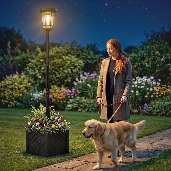 Outsunny Lanterna Solare Lampada da Terra con Vaso 195cm Lanterna da Giardino da Esterno con 2 Livelli di Luminosità Controllo della Luce Interruttore IP44 | Aosom Italy