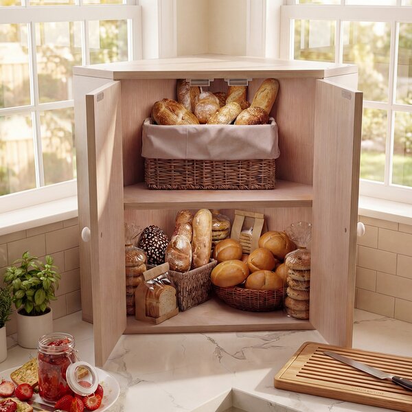 Costway Scatola porta pane angolare per bancone cucina in bamboo a doppio strato, Organizzatore per pane con ripiano regolabile Bianco