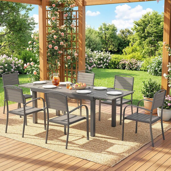 Outsunny Set mobili da giardino 7 pezzi Tavolo allungabile con 6 sedie Effetto legno a doghe Struttura in alluminio | Aosom Italy