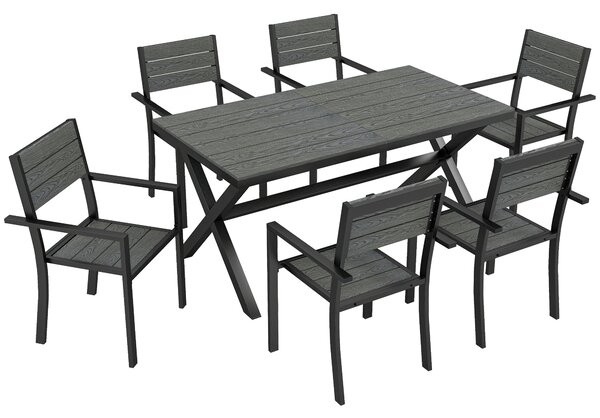 Outsunny Set Sala da Pranzo Esterno 7 Pezzi per 6 Persone, Tavolo e Sedie Impilabili con Doghe Effetto Legno, Telaio in Alluminio, Grigio | Aosom Italy