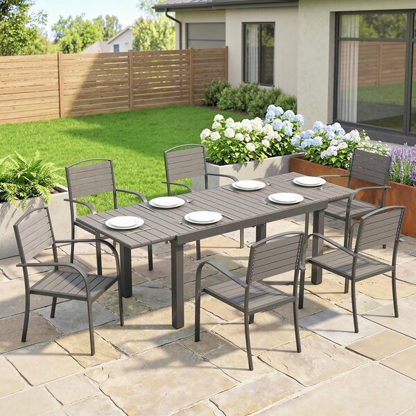 Outsunny Set mobili da giardino 7 pezzi Tavolo allungabile con 6 sedie Effetto legno a doghe Struttura in alluminio | Aosom Italy