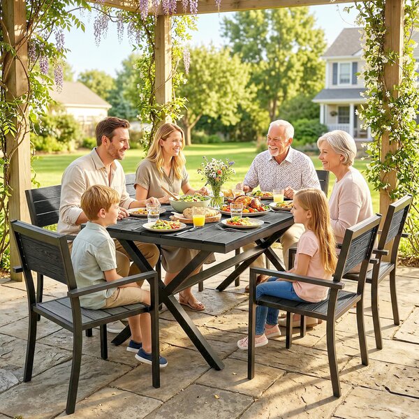 Outsunny Set Sala da Pranzo Esterno 7 Pezzi per 6 Persone, Tavolo e Sedie Impilabili con Doghe Effetto Legno, Telaio in Alluminio, Grigio | Aosom Italy