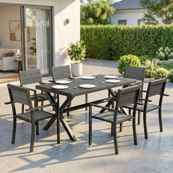 Outsunny Set Sala da Pranzo Esterno 7 Pezzi per 6 Persone, Tavolo e Sedie Impilabili con Doghe Effetto Legno, Telaio in Alluminio, Grigio | Aosom Italy